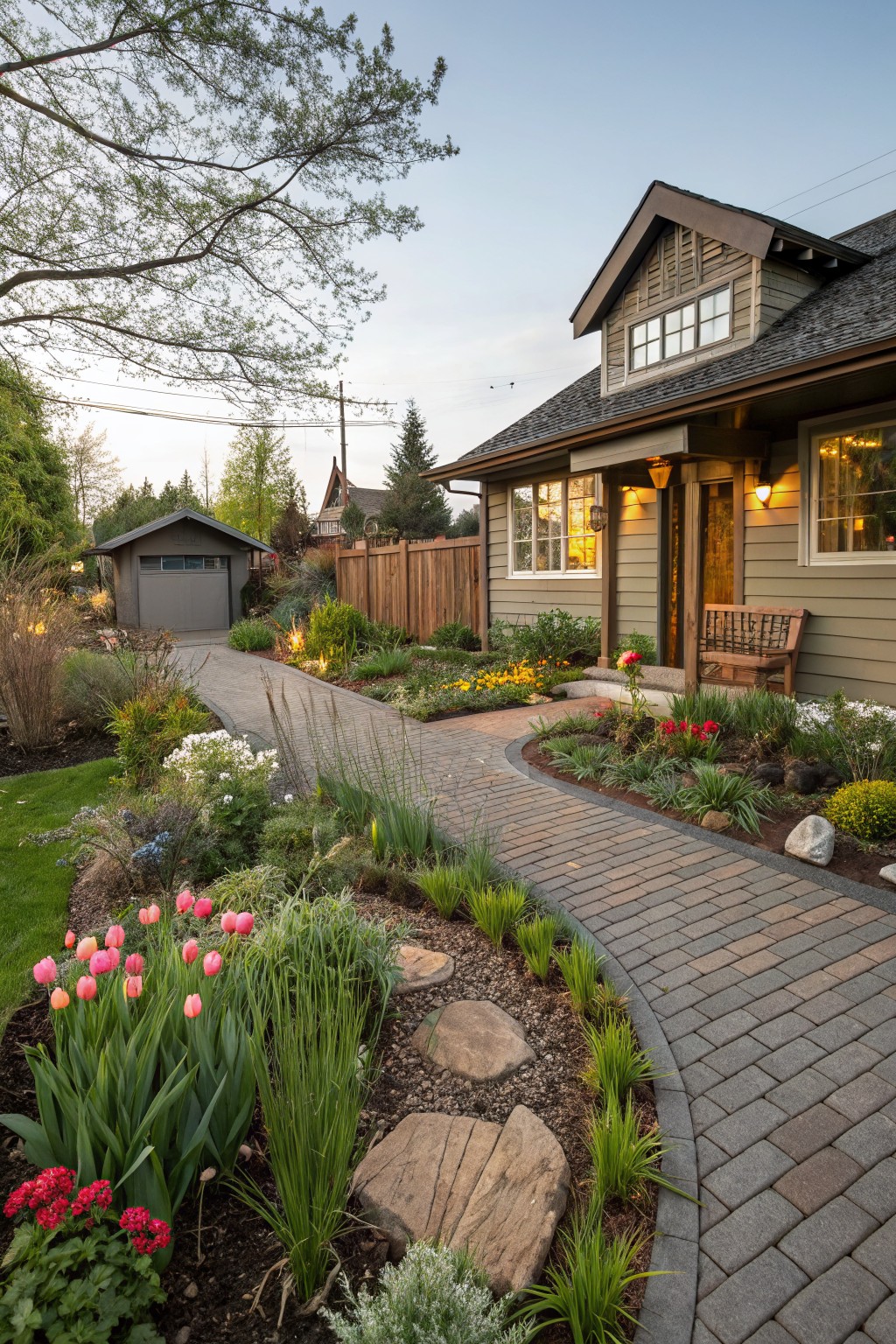 Curved brick pathway edged with tulips, grasses, and shrubs leads to the front entrance of a gray craftsman-style house with a detached garage, fence, and trees in evening light.