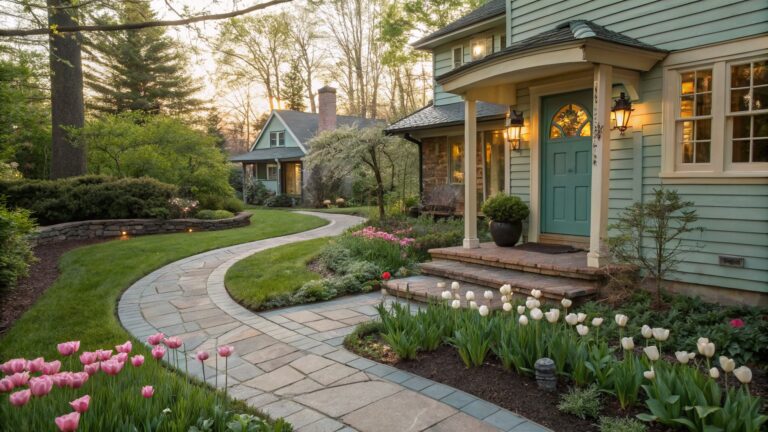 Stone paver pathway curving through front yard garden beds planted with pink and white tulips and green shrubs, leading to steps and a turquoise arched door on a beige stone house.