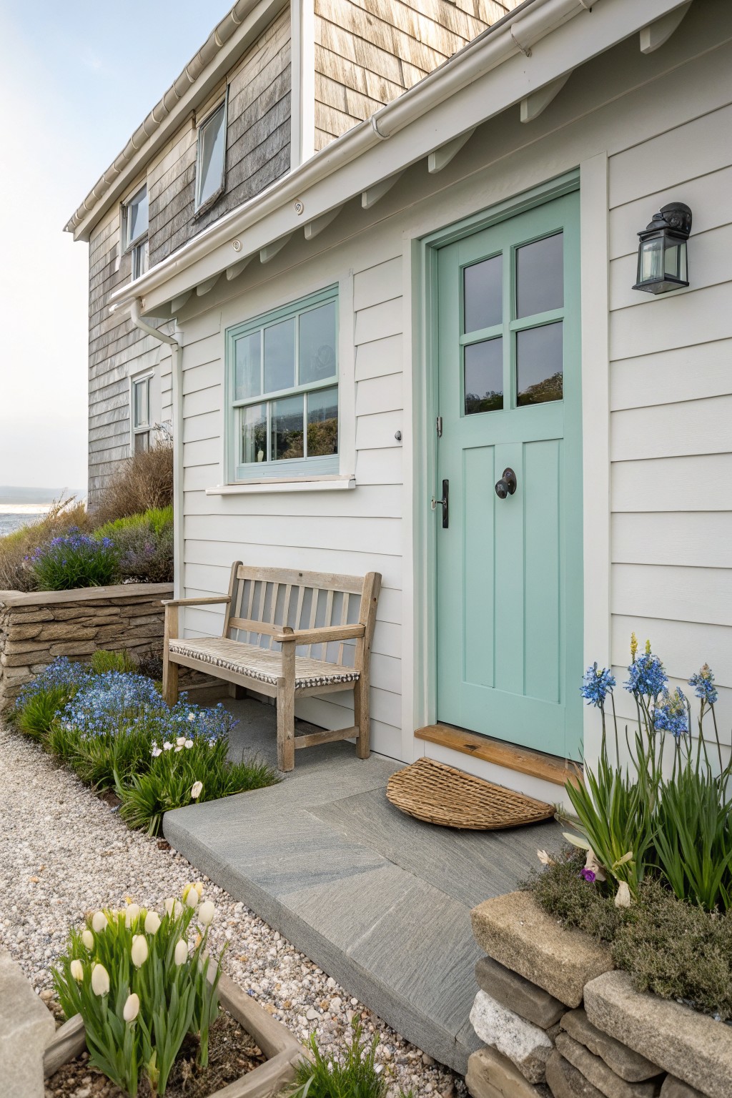 White shingled house exterior with turquoise-glazed front door, wooden bench on gravel path beside stone wall, potted white tulips, and assorted low plants near the entrance.