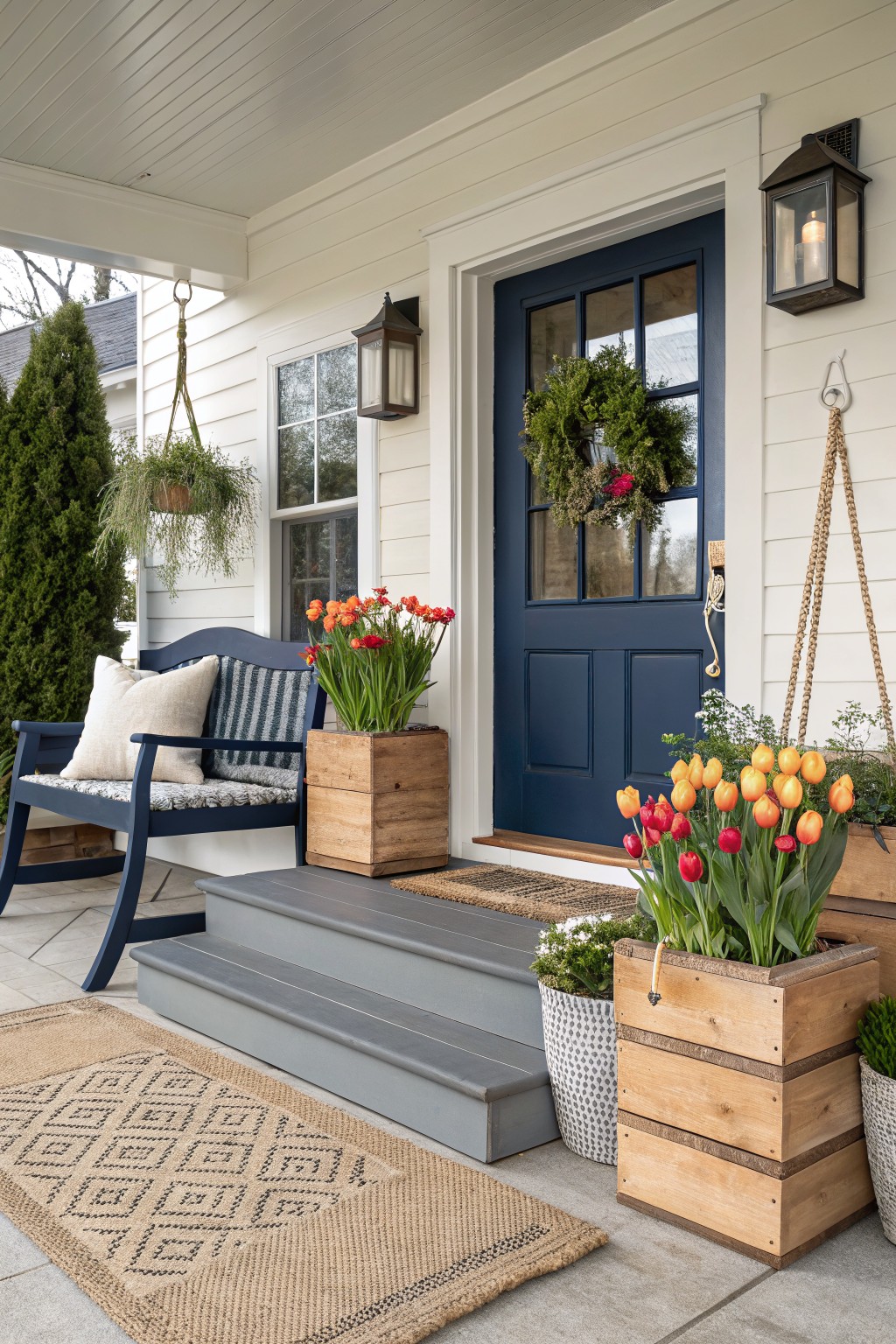 White clapboard house front porch with navy blue door, evergreen wreath, black lanterns, navy bench with cushions, doormat, and wooden crate planters filled with orange and red tulips positioned on gray steps and beside the bench.