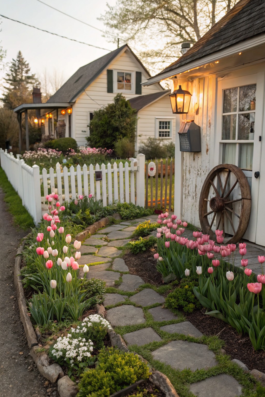 Curved stone pathway bordered by pink and white tulips and low plants leads through a front yard garden with white picket fence to a small white cottage featuring a lantern and old wagon wheel by the door.