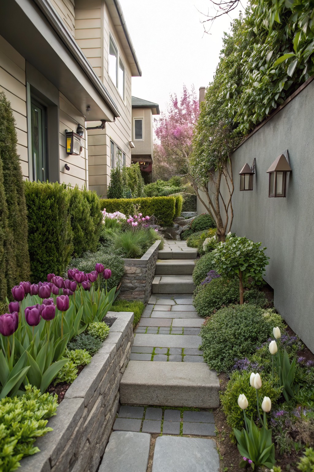 Narrow stone pathway with steps and raised stone beds filled with purple and white tulips, shrubs, and perennials, bordered by hedges and a gray wall between two houses.