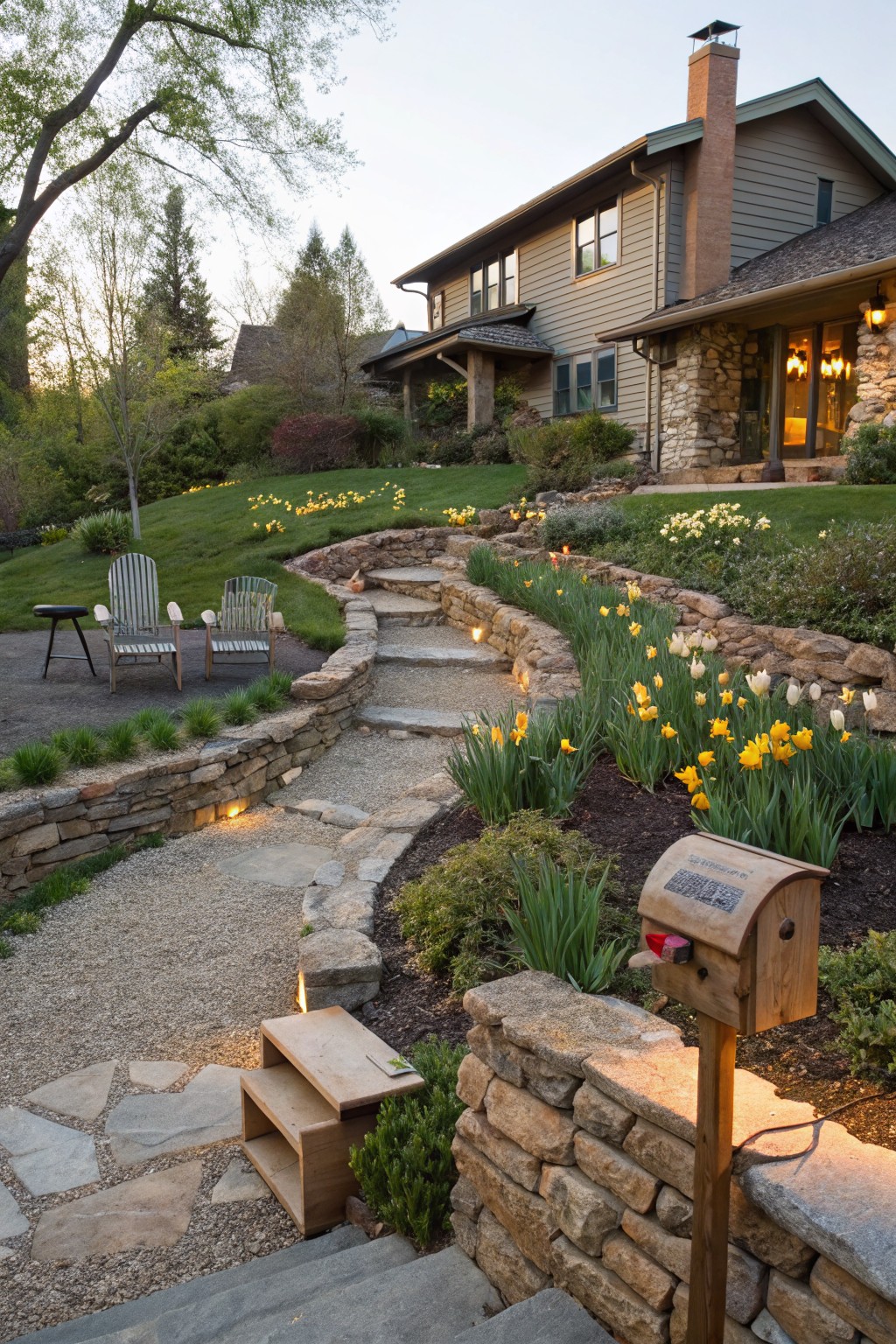 Sloped front yard with yellow and white tulips planted in terraced beds retained by dry-stacked stone walls, a winding gravel path with steps, two Adirondack chairs on a patio area, a wooden mailbox, and a house in the background.