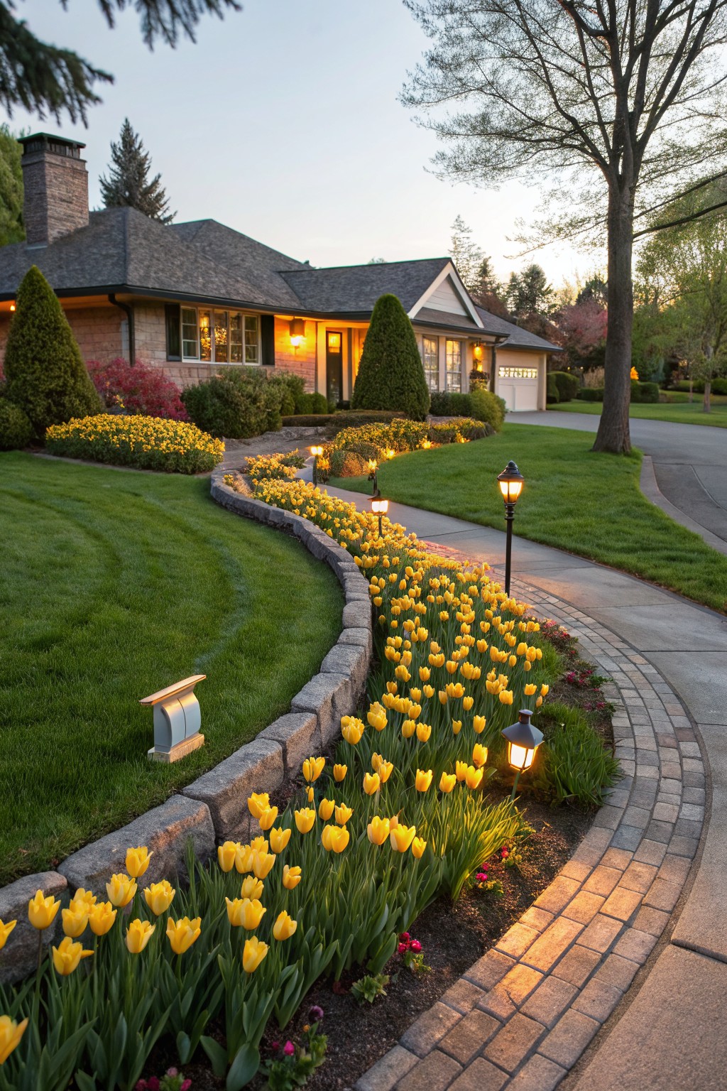 Front yard of a brick house at dusk with a curved brick walkway edged by a low stone retaining wall densely planted with yellow tulips and accented by several path lights.