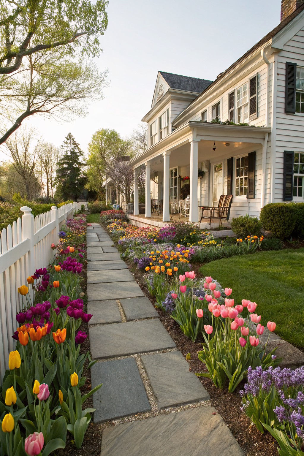 Stone pathway lined with dense beds of multicolored tulips in red, pink, yellow, purple, and orange leads through a front yard to a white clapboard house with wraparound porch and white picket fence.