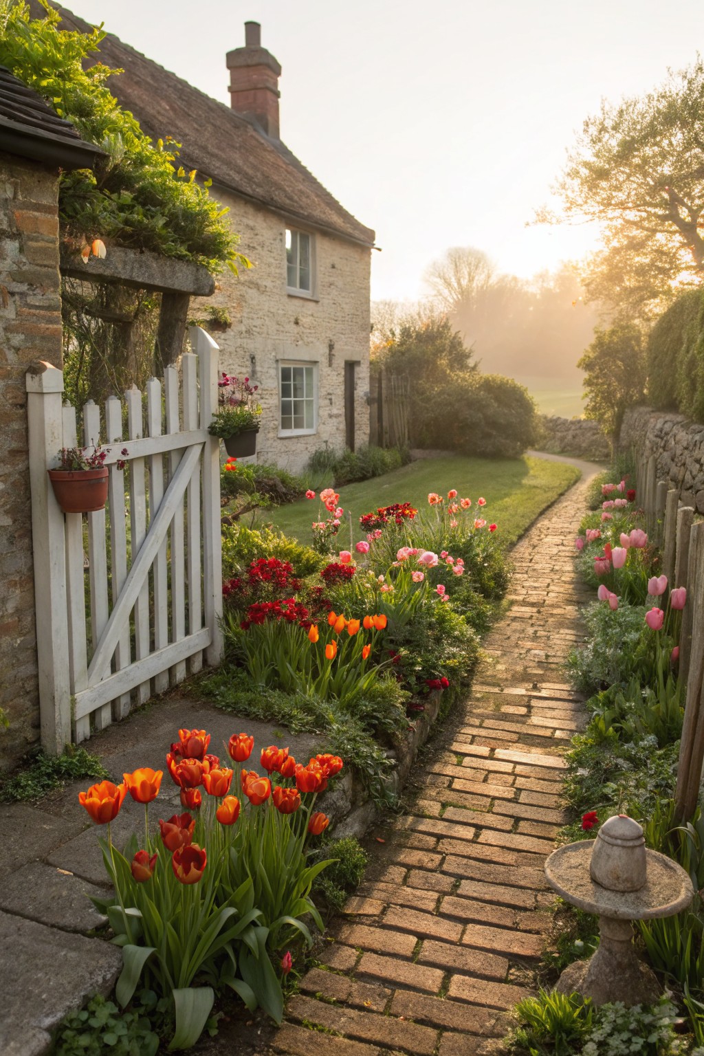 Quaint cottage pathway lined with colorful tulips, leading to a sunrise-lit garden.