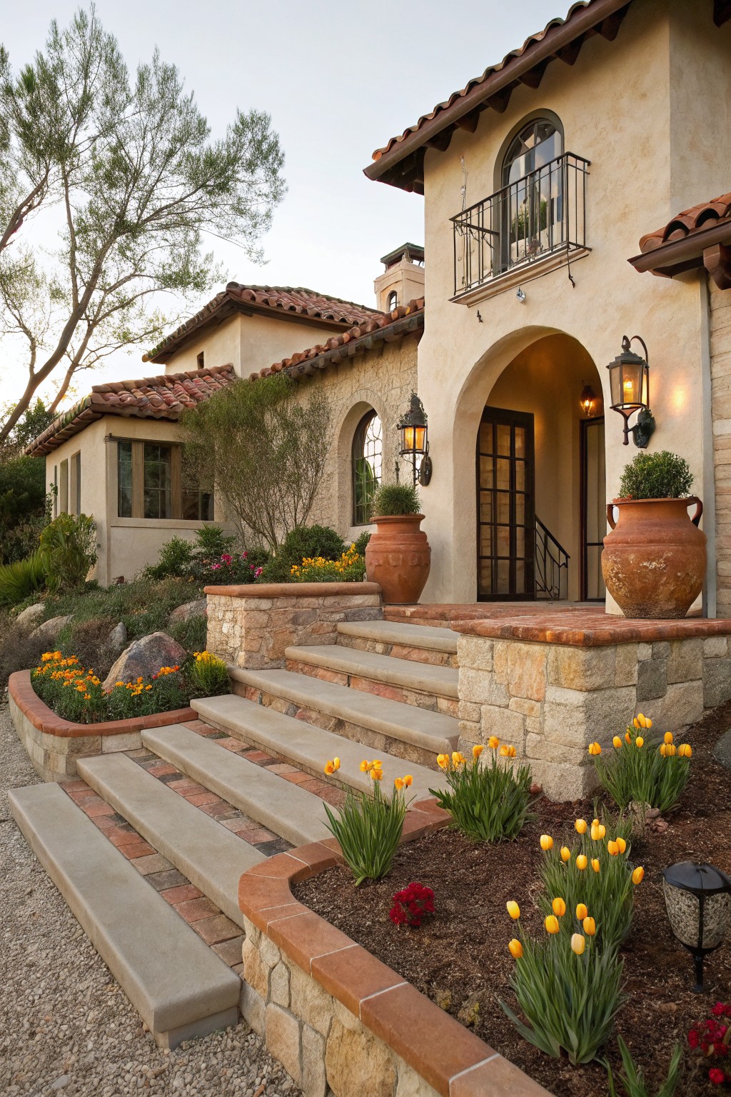 Spanish-style stucco house with arched entry, wide stone steps flanked by yellow tulip beds, terracotta pots, and gravel path.