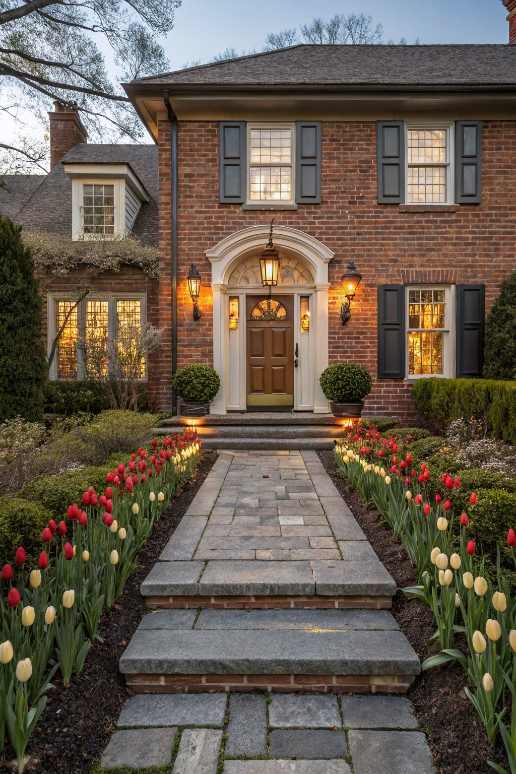 Brick house facade with arched entry door and lanterns, stone pathway lined on both sides by red, white, and yellow tulips leading from the street to the steps, surrounded by shrubs and trees at dusk.