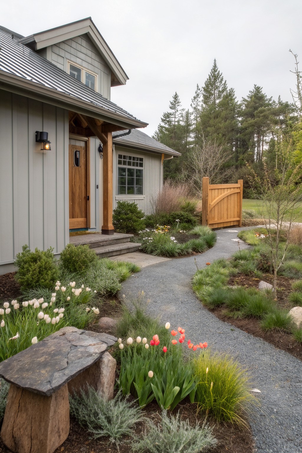 Gray clapboard house with wooden door and porch, viewed from gravel pathway lined with white and pink tulips, grasses, shrubs, and a wooden gate amid trees.