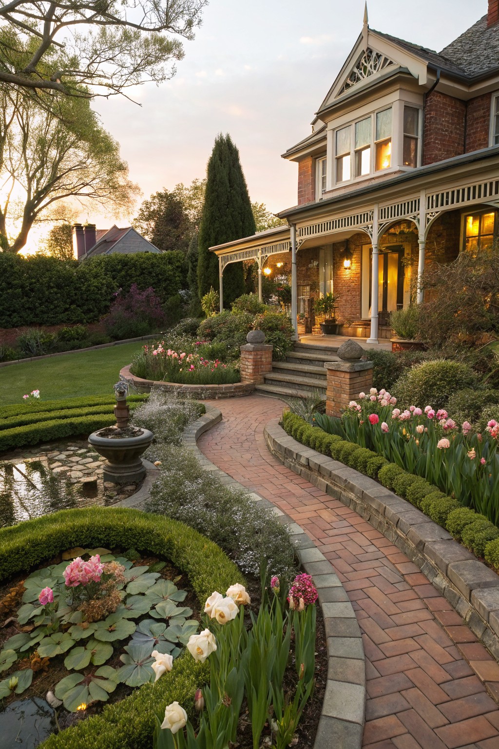 A brick Victorian house at dusk with a curved red brick pathway winding through formal garden beds of tulips, boxwood hedges, and a central fountain with lily pond in the front yard.
