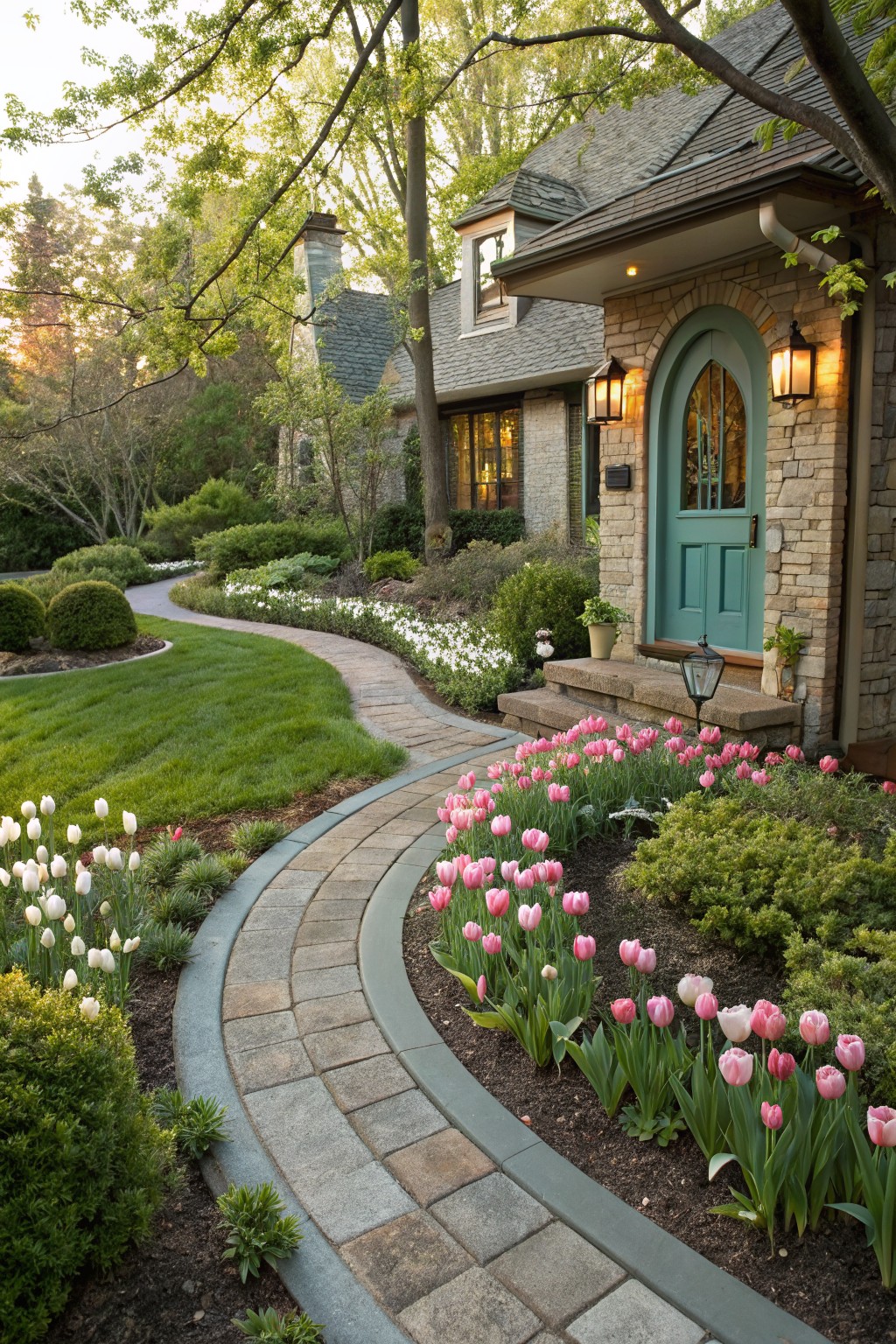 Stone paver pathway curving through front yard garden beds planted with pink and white tulips and green shrubs, leading to steps and a turquoise arched door on a beige stone house.