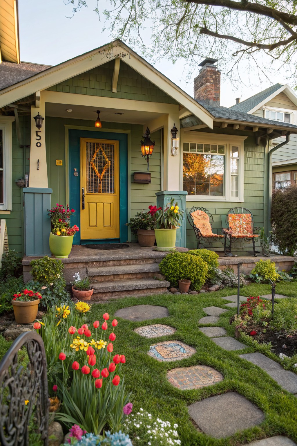 Craftsman-style house with green siding, teal trim, yellow front door, porch with two orange upholstered chairs, potted plants, flower beds, red tulips, and a stepping stone path in the front yard.