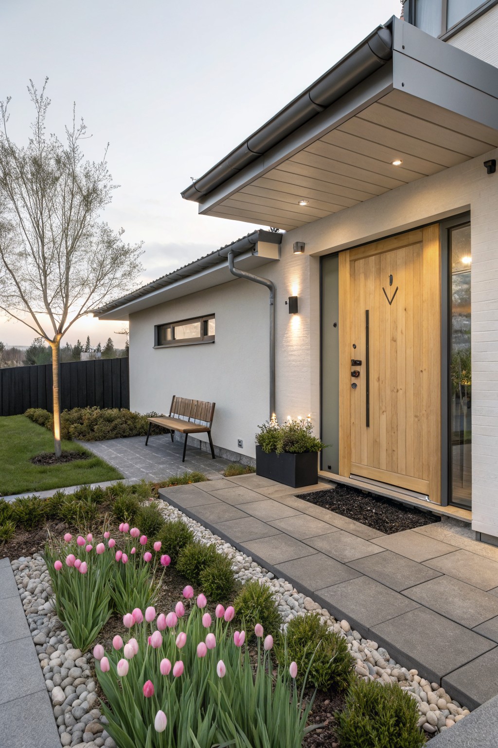 Modern white house facade with large wooden front door, gray stone paver pathway bordered by pink tulips in gravel mulch beds, wooden bench nearby, and slim tree in front yard at dusk.