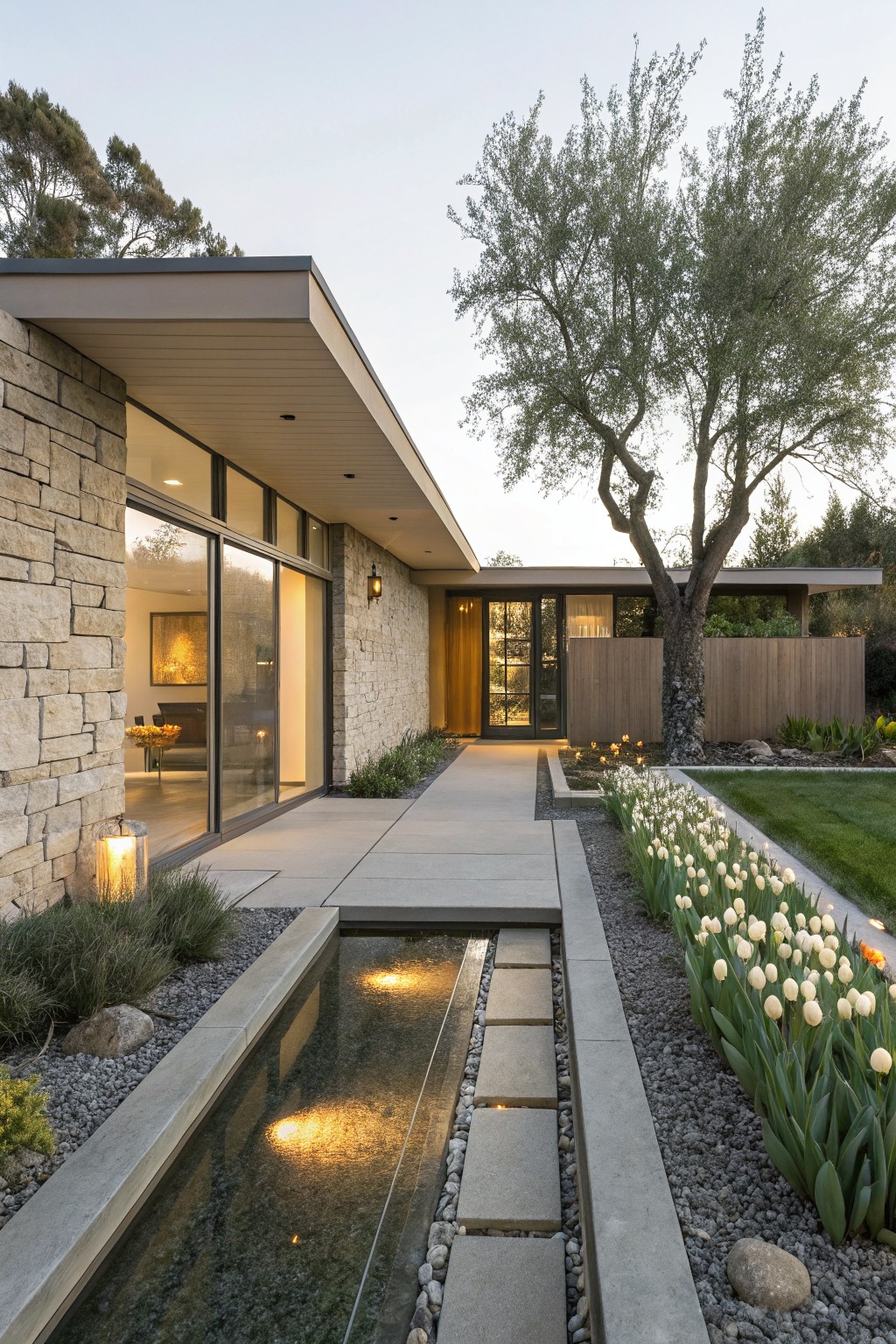 Modern house exterior with stone walls, large glass windows, wooden entry door, concrete pathway bordered by white tulips and a linear water feature with gravel and grass, olive tree in background at dusk.