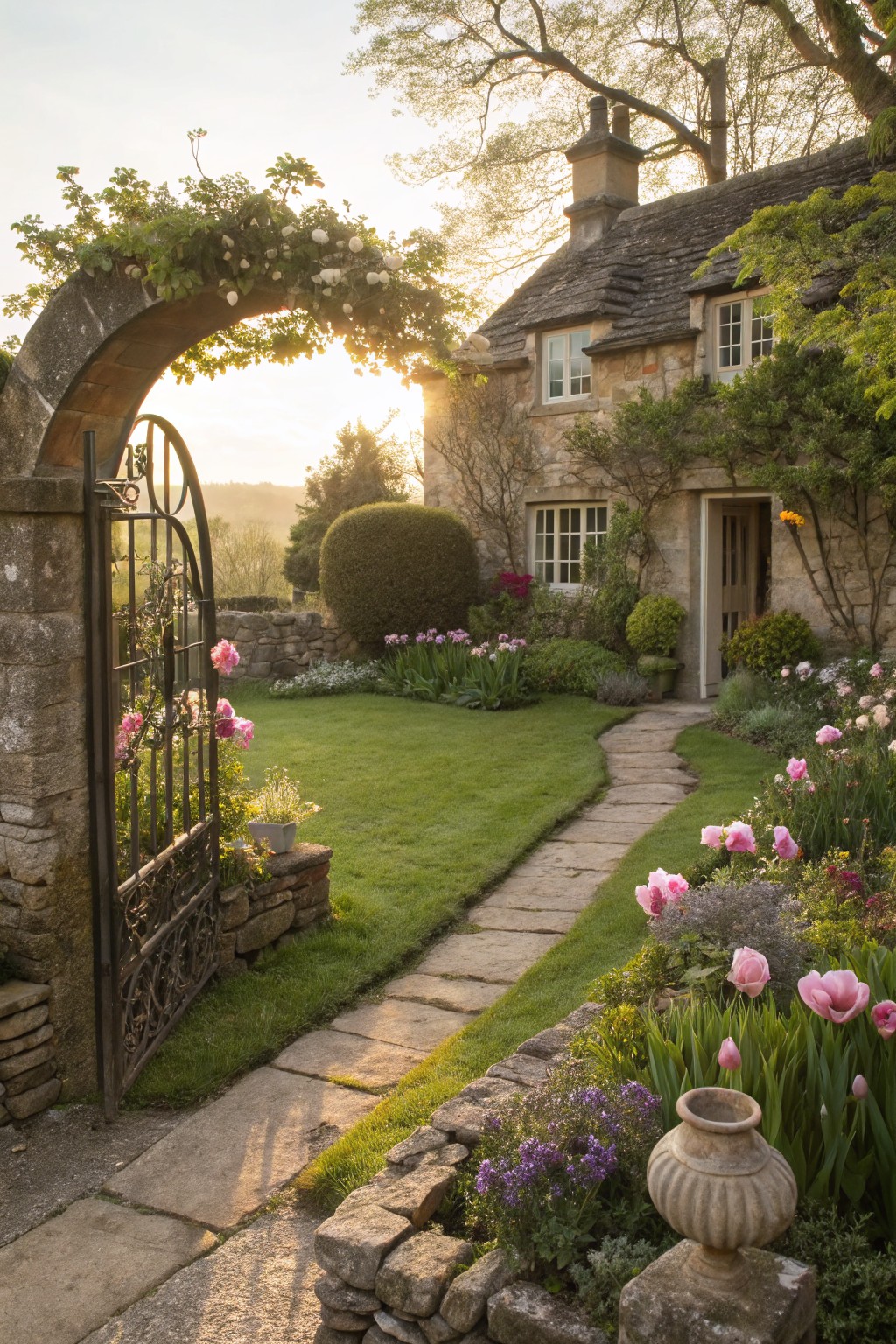 Stone cottage with stone walls and tiled roof behind a wrought-iron arched gate, with a winding stone path through grass and flower beds filled with pink tulips and other plants in soft morning light.