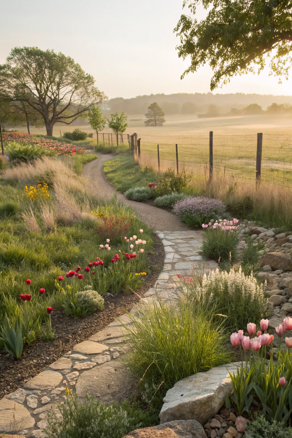 Winding stone path through garden beds with red, pink, and white tulips, ornamental grasses, and rocks, bordered by a wooden fence leading to a field in morning mist.