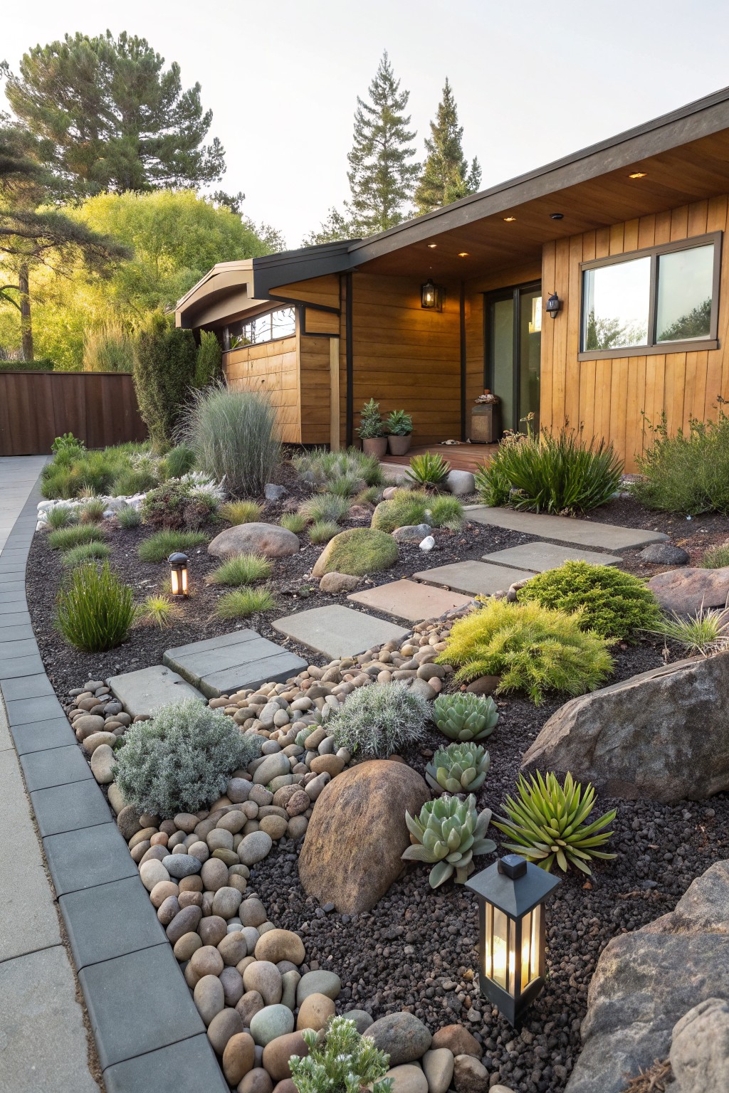 Front yard landscaping with curved concrete paver pathway winding through garden beds filled with gravel, river rocks, large boulders, succulents, ornamental grasses, and low shrubs beside a wooden house exterior.