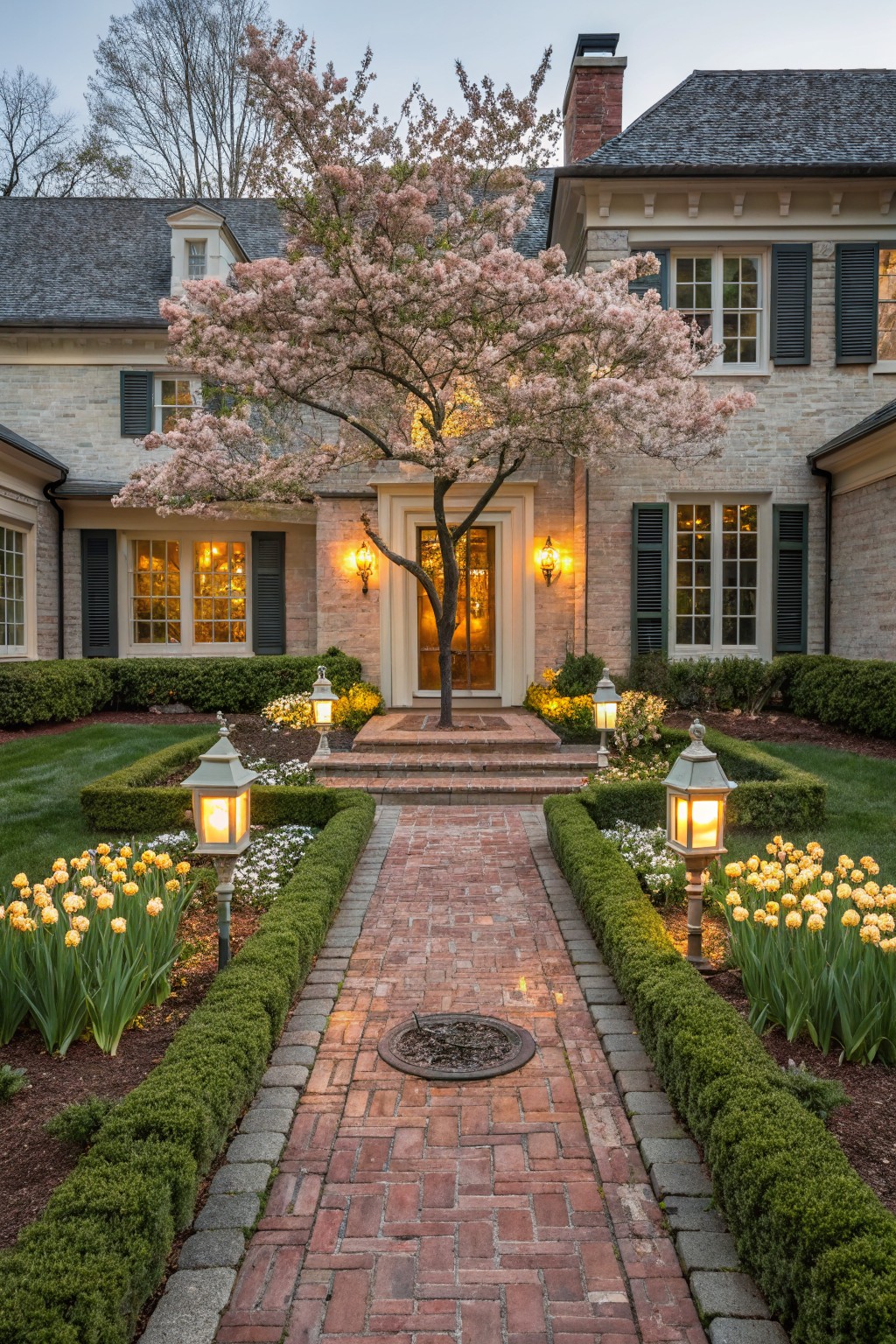 Beige brick house facade with central glass-paneled door under pink flowering cherry tree, symmetrical brick pathway edged by low boxwood hedges and yellow tulip flower beds, flanked by pedestal lanterns and lawn.