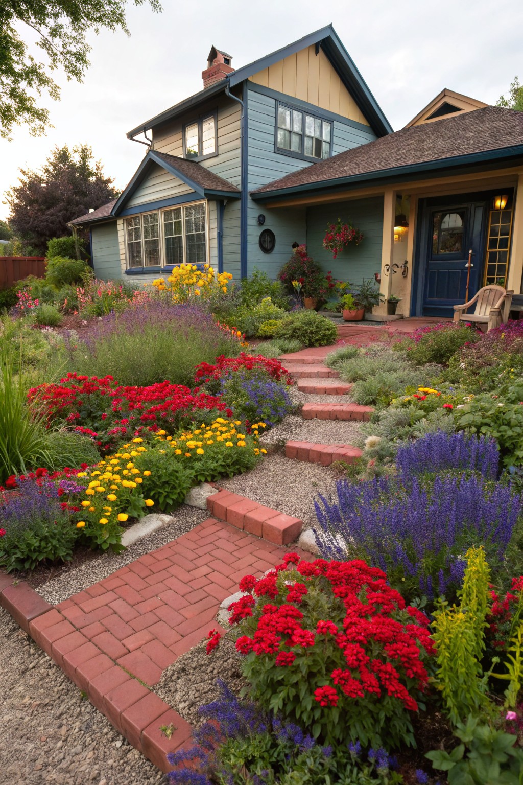 Front yard garden with dense plantings of red, yellow, purple, and orange flowers bordering a curved red brick pathway leading to the entry of a painted wood house.