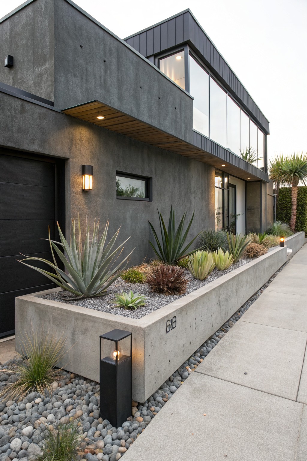Contemporary house exterior with gray stucco walls, black garage door, large glass panels, and a long raised concrete garden bed numbered 86 along the sidewalk, planted with agave succulents and low ground covers amid gravel mulch and black outdoor lights.
