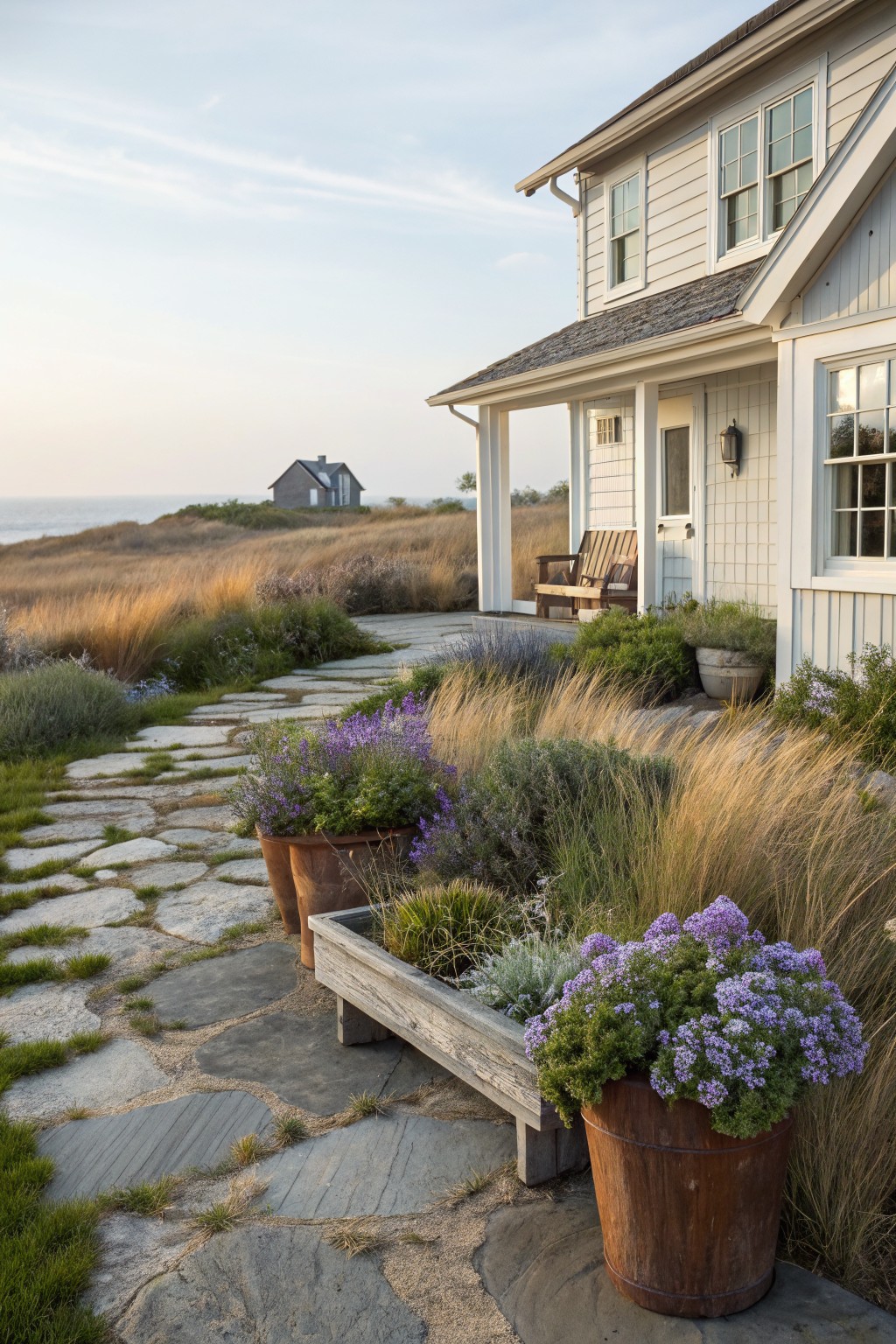 Flagstone path lined with tall ornamental grasses, lavender in terracotta pots and wooden trough, leading to porch of white shingled house with distant ocean view.