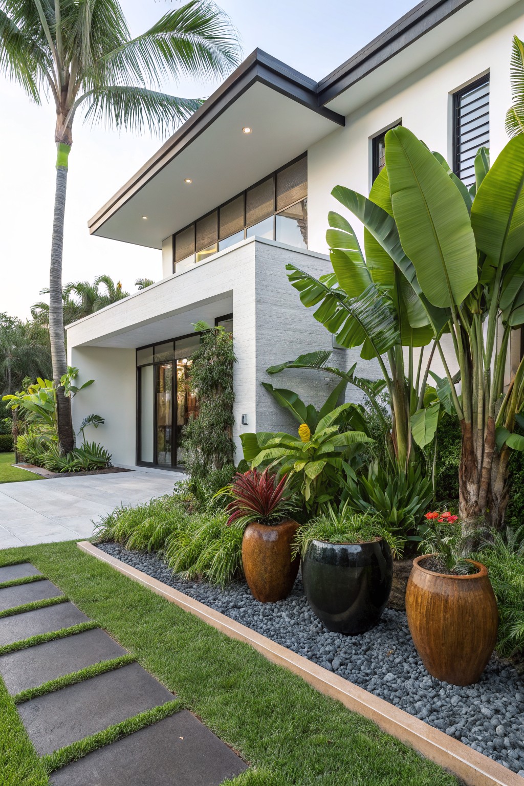 Modern white house with overhanging roof and glass entry door, surrounded by tropical plants, large ceramic and wooden pots in gravel garden beds, stepping stone path, and lawn edging.