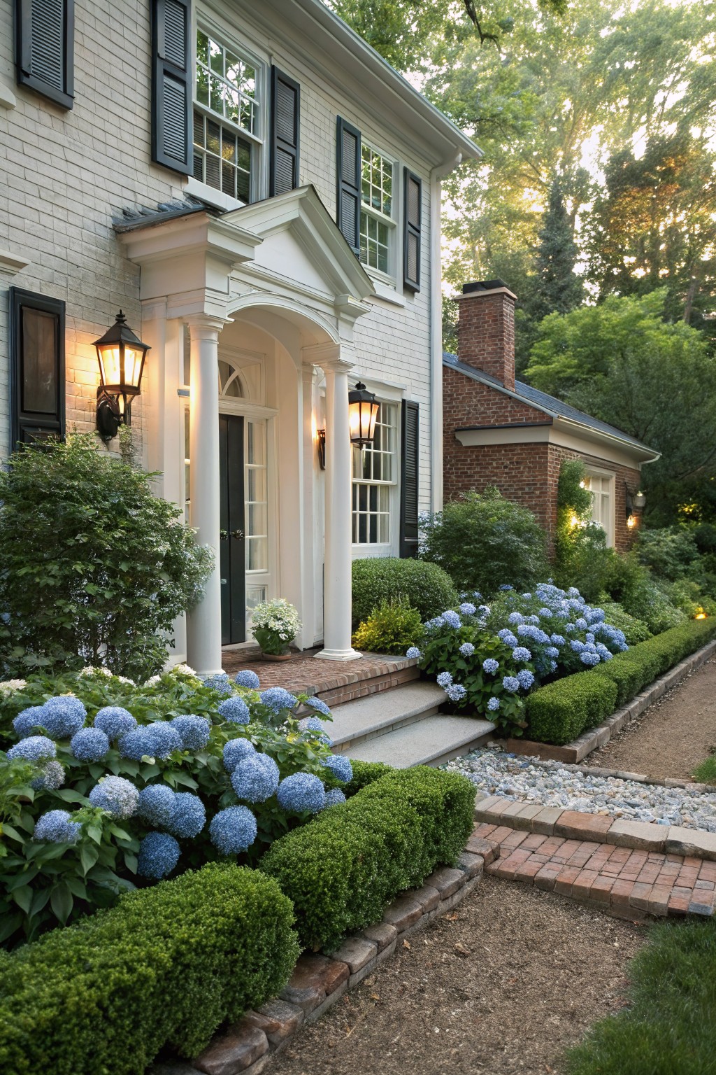 White brick house with black shutters and columned white portico entrance, surrounded by large blue hydrangea bushes in curved beds, boxwood hedges, brick steps, and gravel pathway.