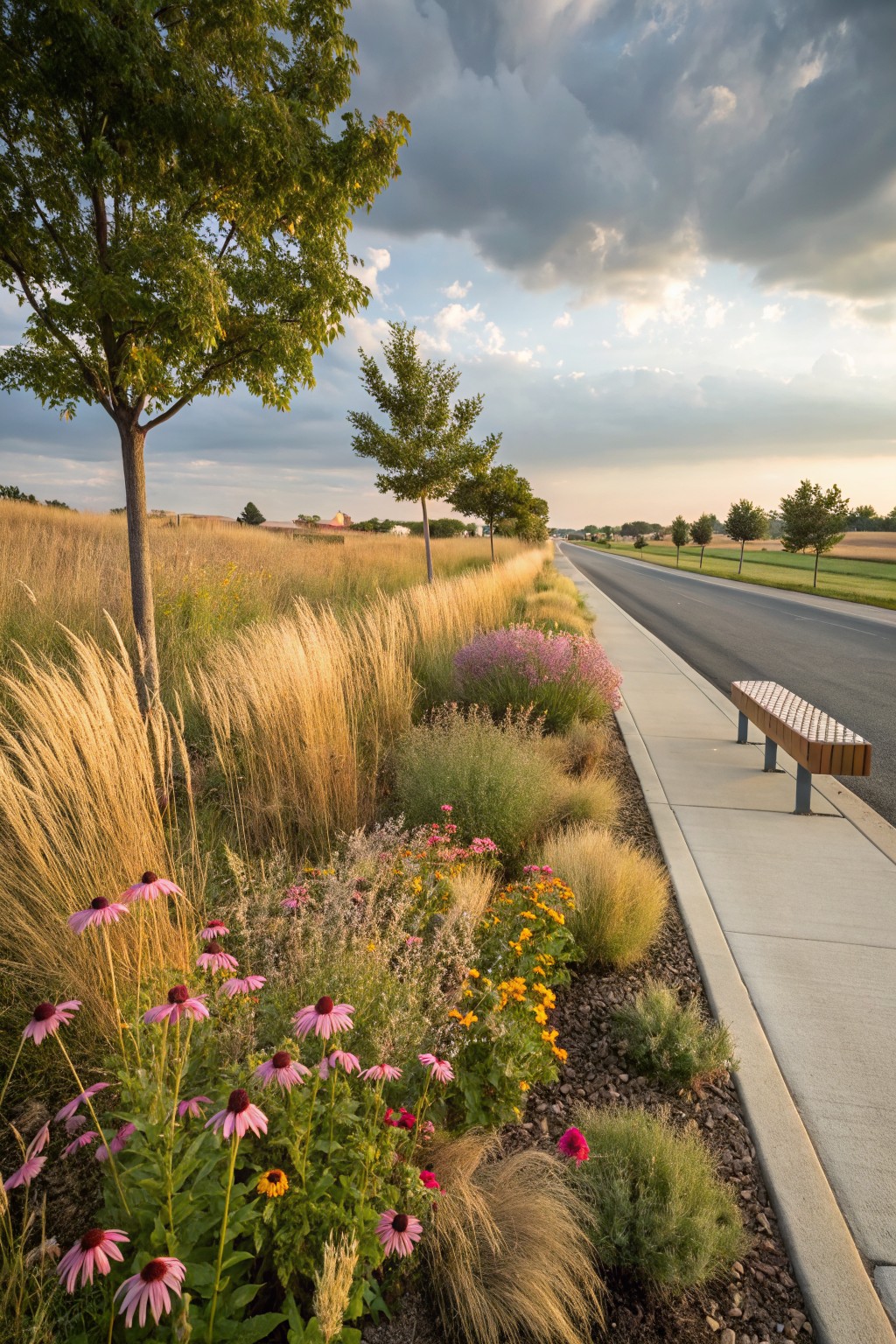 Roadside garden bed with tall golden ornamental grasses, pink coneflowers, yellow flowers, shrubs, a wooden bench on a sidewalk next to a paved road, fields, and trees under a partly cloudy sky.