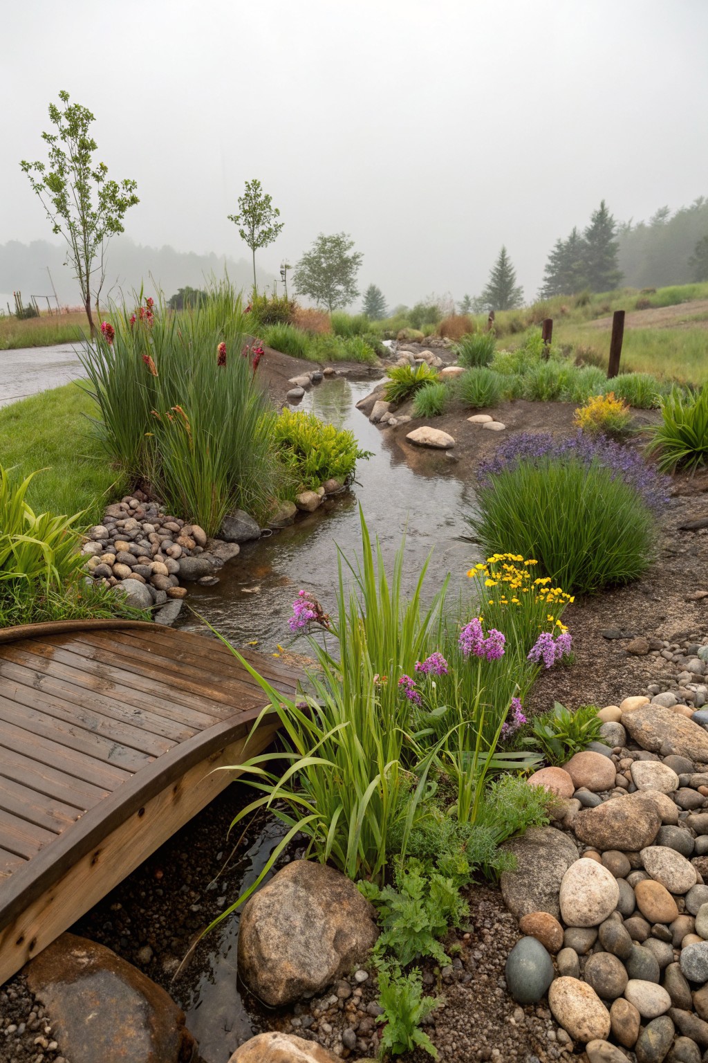 A wooden arched bridge crosses a narrow meandering stream lined with rocks and plants including grasses, purple flowers, and yellow blooms in a misty landscaped area.