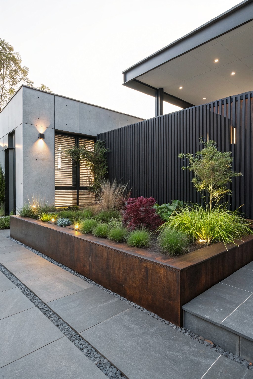 Modern concrete house exterior with black slatted fence, corten steel raised garden bed planted with grasses and shrubs along a gray stone path, and integrated low-voltage lighting.