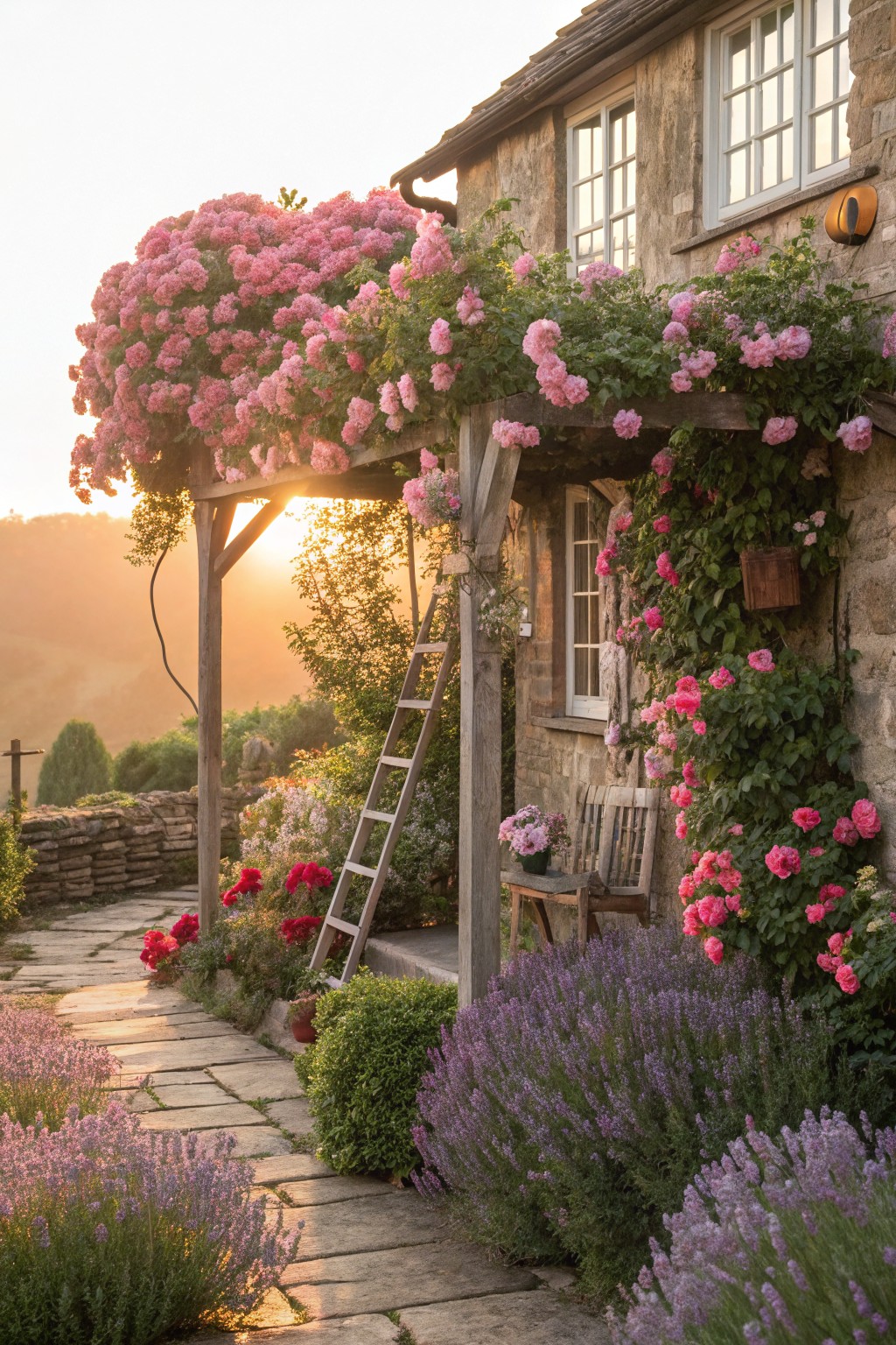 Stone cottage with wooden pergola covered in pink climbing roses, stone path lined with lavender and flower beds, porch chairs, ladder, and garden wall in evening light.