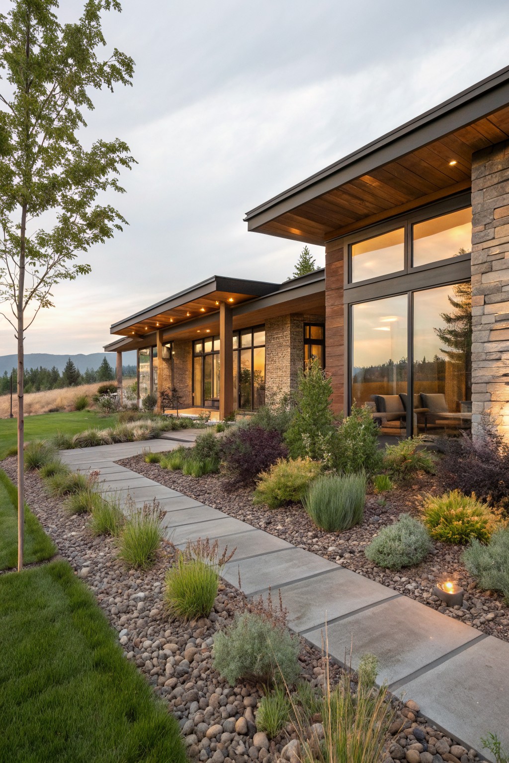Modern wood and stone house exterior viewed from the side with a concrete slab pathway through gravel garden beds planted with ornamental grasses, shrubs, and groundcover, bordered by lawn and leading to an entry patio with seating.