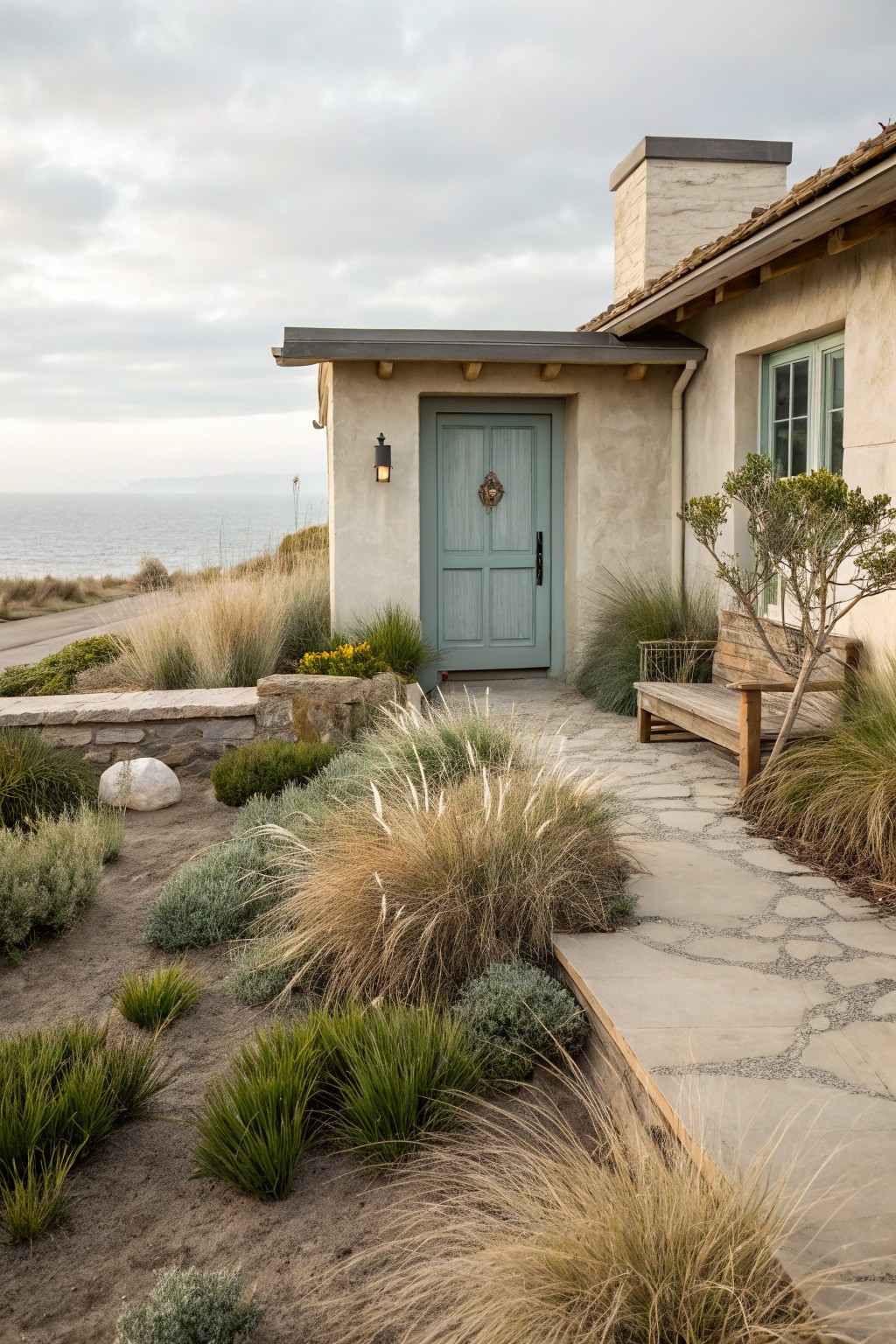 Front corner of a beige stucco house with turquoise double door, approached by irregular gray stone path winding through garden beds of tall tan grasses, green shrubs, succulents, and a wooden bench, with ocean view in background.