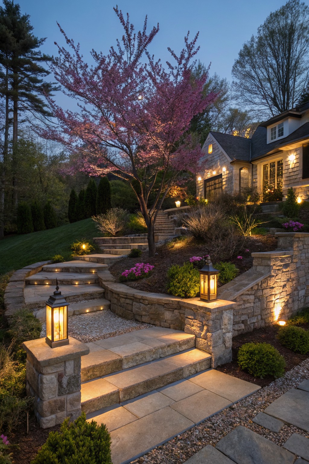 Evening photo of curved stone steps and retaining walls on a sloped front yard, planted with purple flowers, shrubs, and greenery, lit by lanterns and step lights, with a pink flowering tree and house in the background.