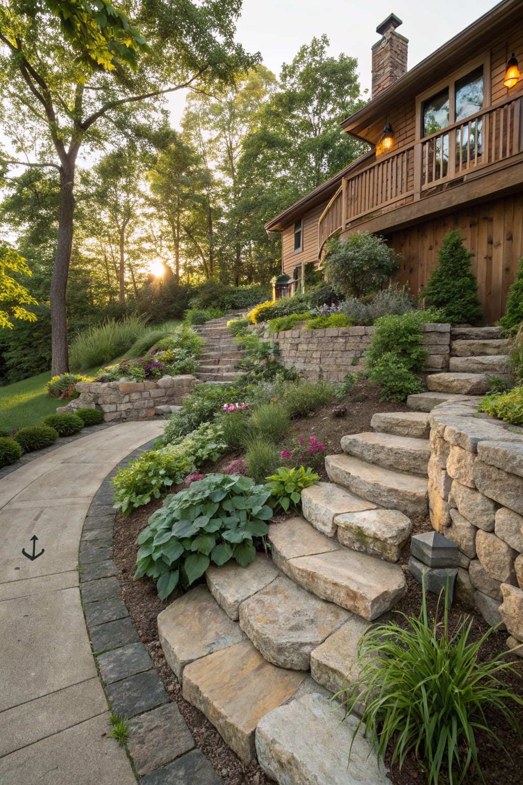 Hillside front yard of a wooden house featuring winding concrete path, large irregular stone steps, retaining walls, and planted garden beds with shrubs, perennials, and grasses at sunset.