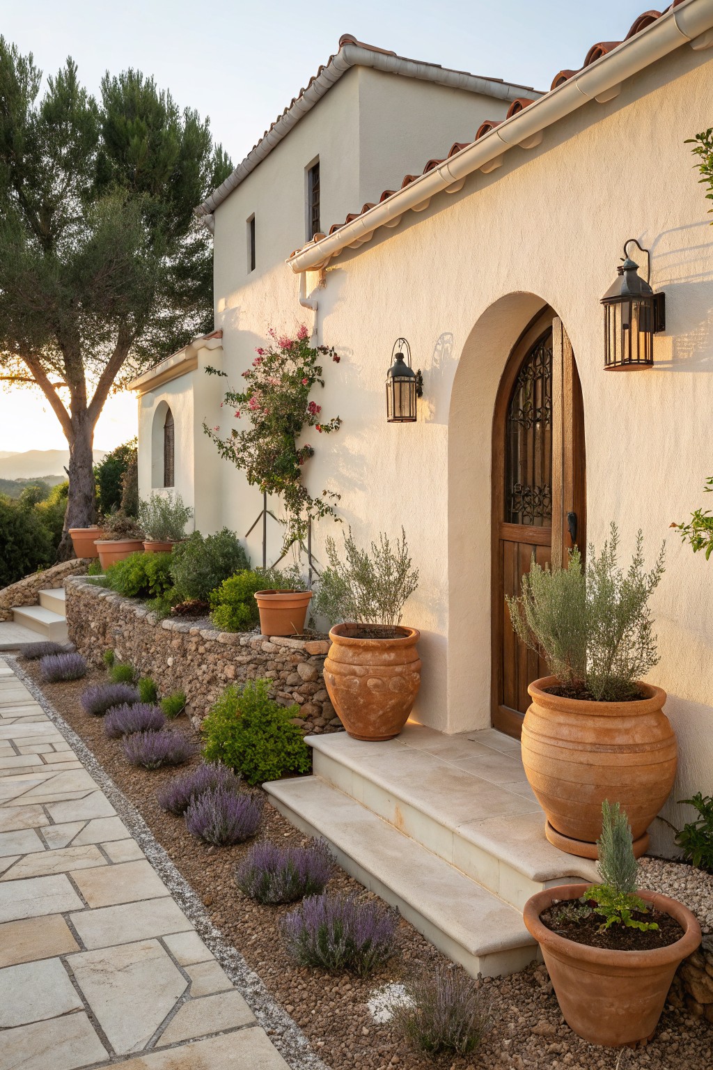 White stucco house with red tile roof, arched wooden door with iron details, large terracotta pots with plants along stone steps and path edged by lavender and gravel mulch, surrounded by pine trees at dusk.