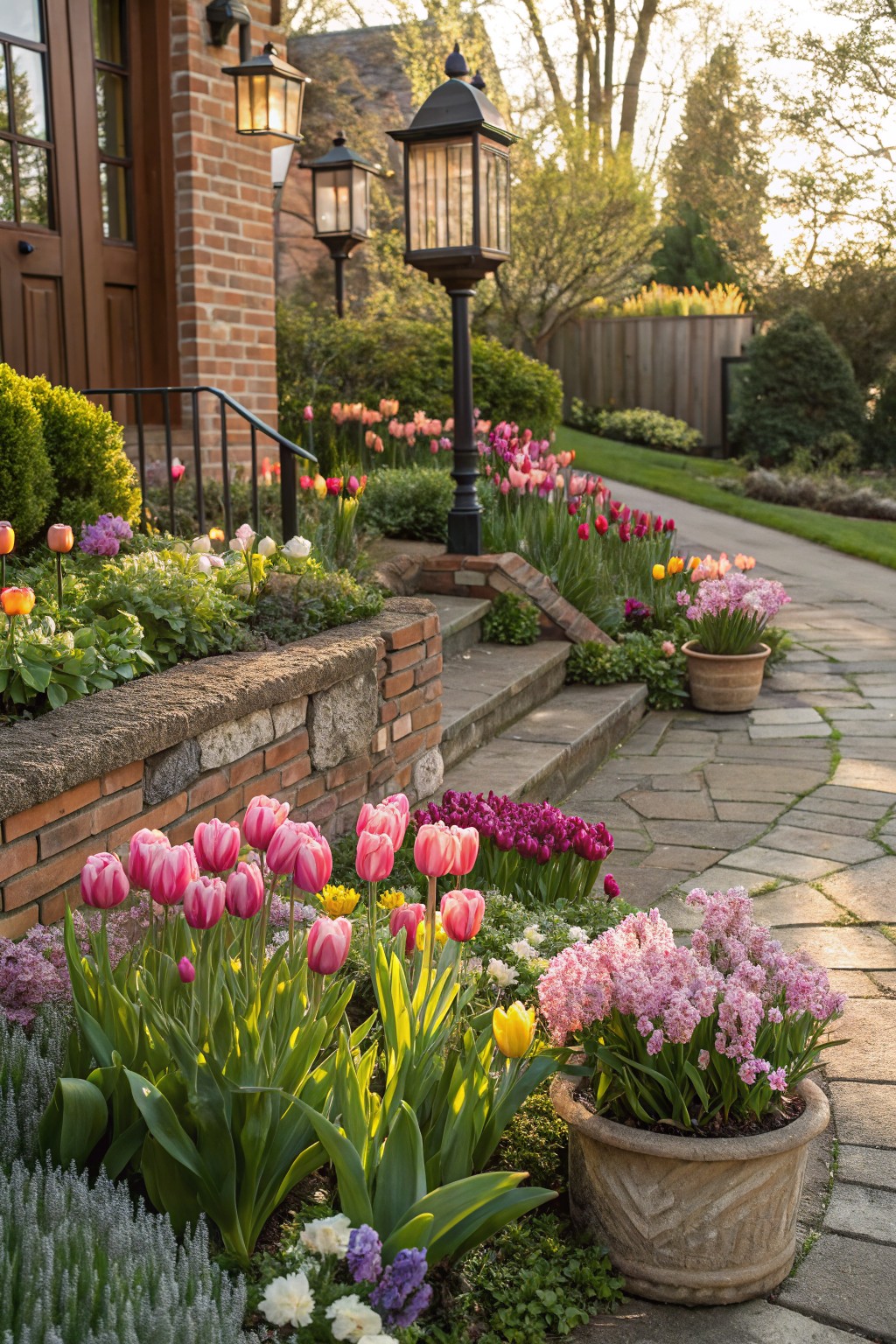 Front yard with brick steps and stone path edged by flower beds of pink, red, yellow, and purple tulips, shrubs, potted plants, and tall lantern lights beside a house entrance.