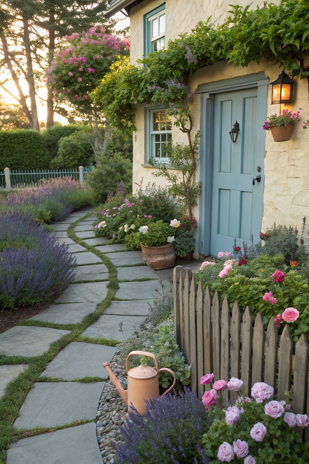 A winding gray stone path curves through lush flower beds with lavender, pink roses, and other plants leading to the blue door of a beige stucco cottage accented by climbing vines, a lantern, and a picket fence.