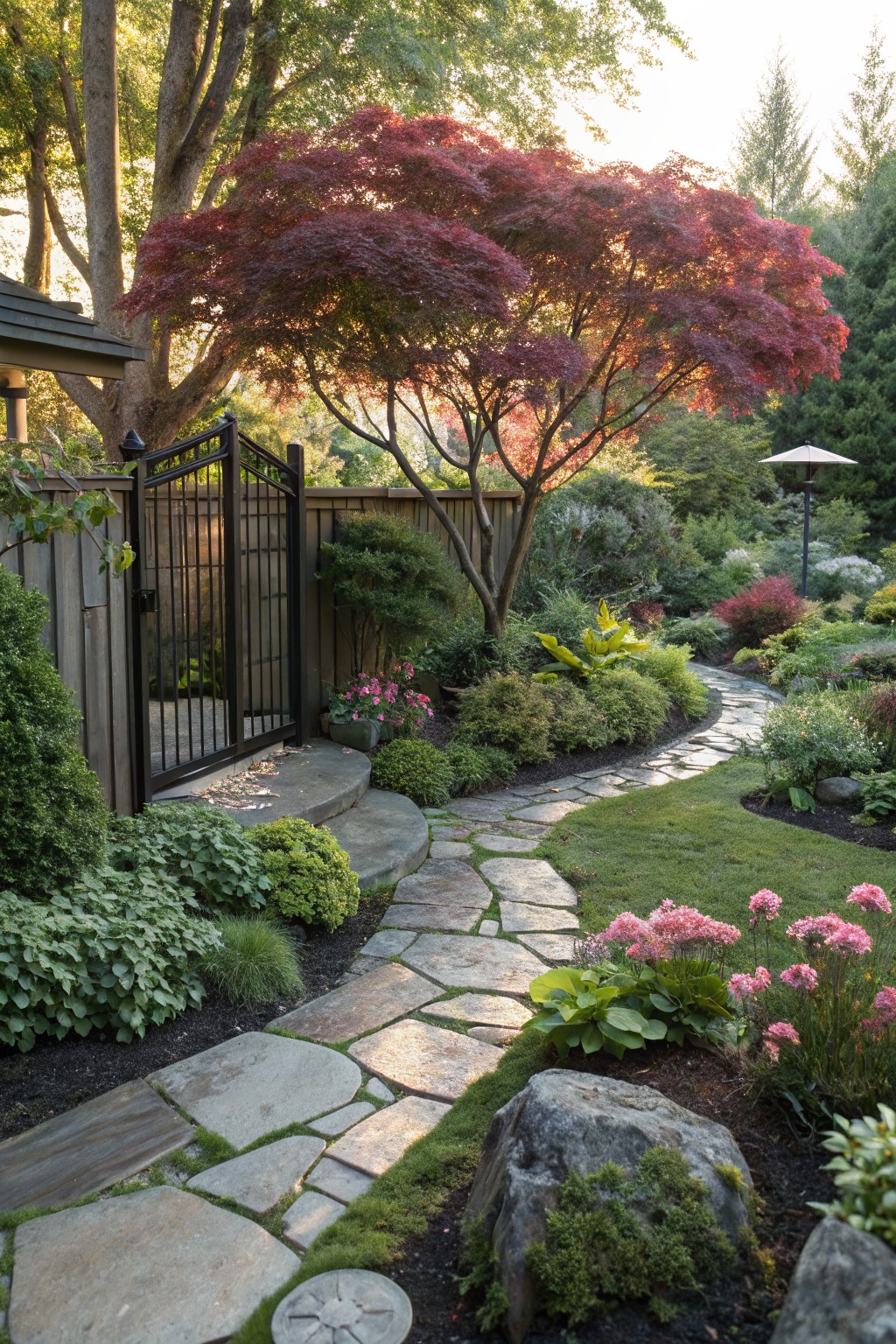 Winding flagstone path through lush garden beds with red Japanese maple tree, black metal gate, shrubs, pink flowers, large rocks, and mulch edging.