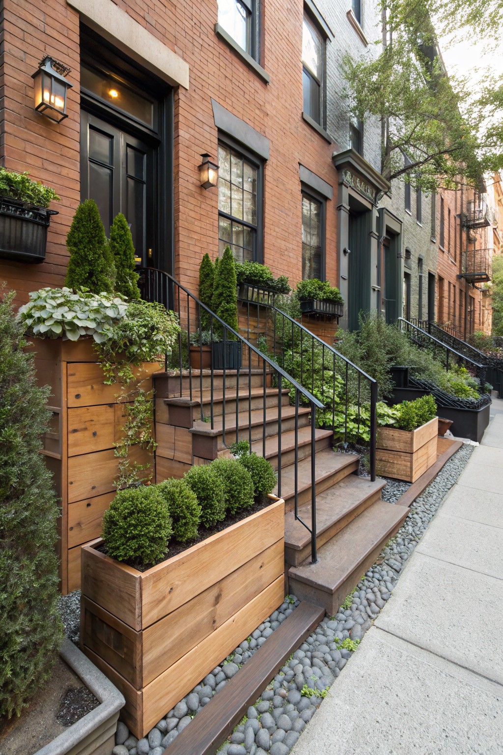 Row of brick townhouses with a front stoop featuring black double doors, black iron railings, wooden planter boxes filled with spherical boxwood shrubs and other plants, potted greenery, and a gravel strip beside the sidewalk.
