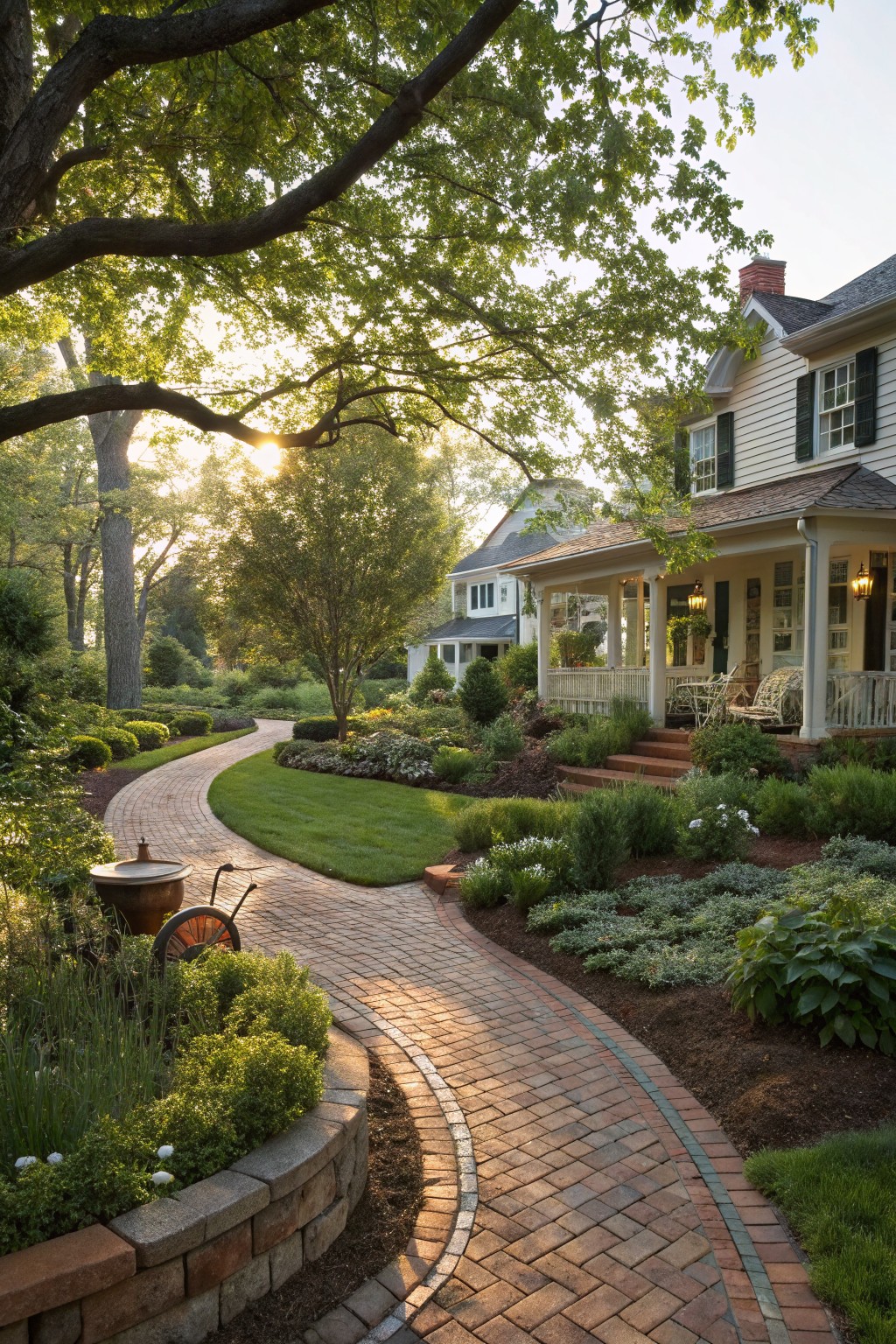 Curved red brick pathway winding through landscaped garden beds with various green plants, shrubs, flowers, and a low stone retaining wall, leading to the front porch of a white clapboard house under large trees.