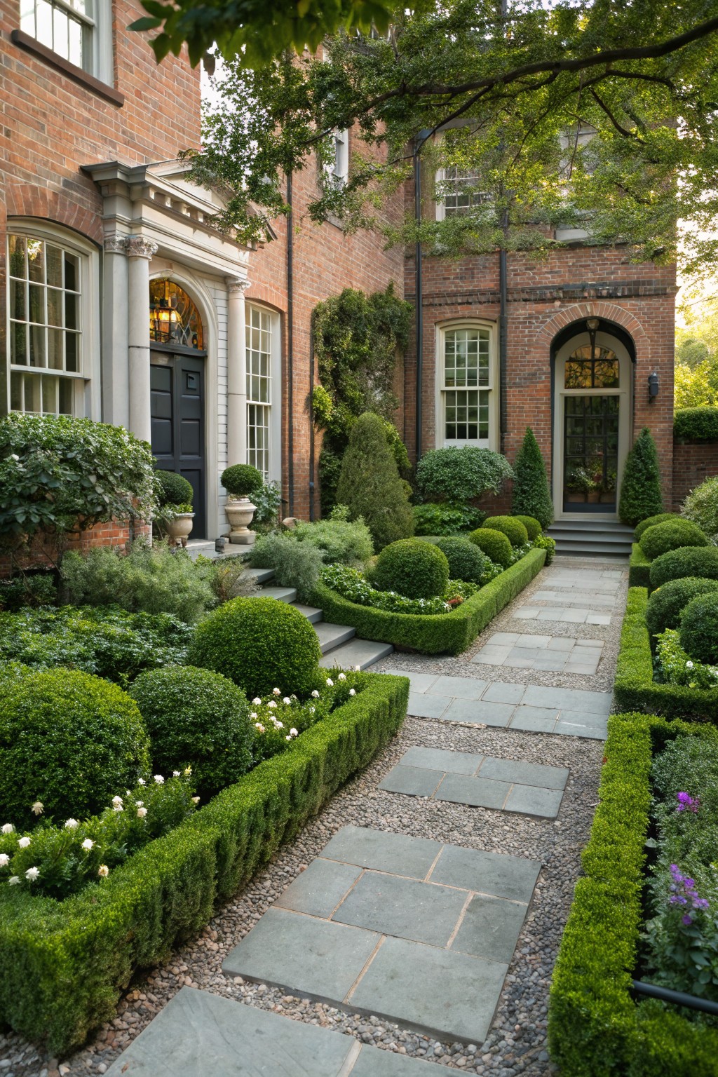 Brick townhouse with two front entrances flanked by formal boxwood hedges, topiary spheres, stone steps, and a gray flagstone path edged in gravel.