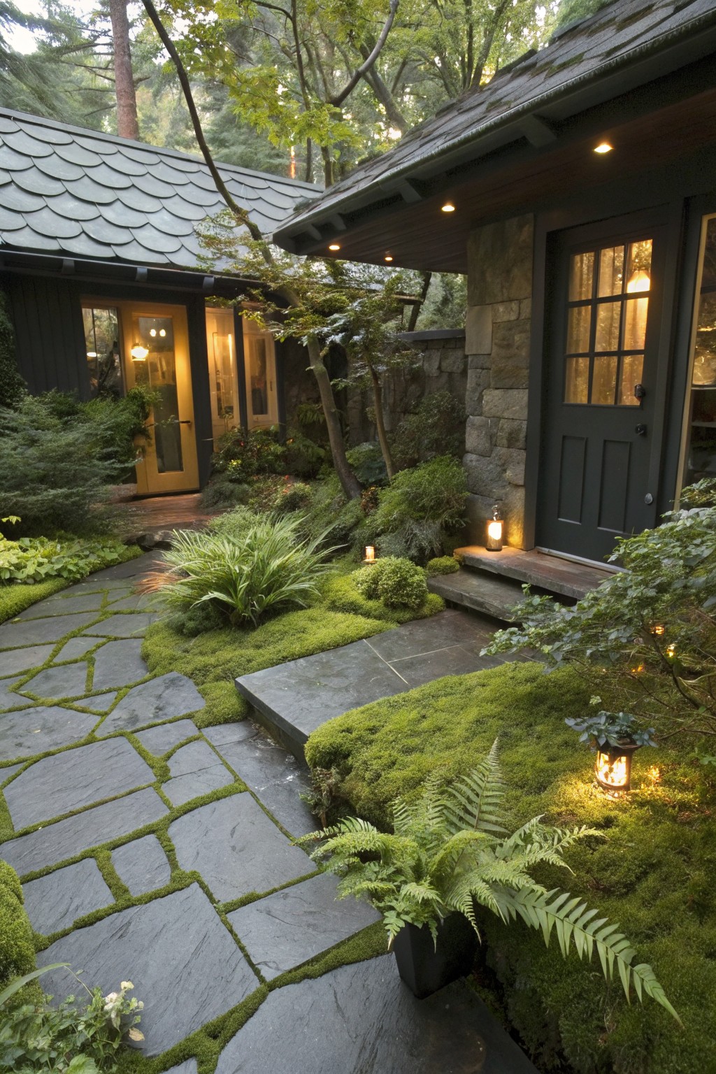 Irregular dark slate stepping stones set into moss and low green plants form a path leading to dark wooden doors on stone house walls, surrounded by ferns and shrubs with lanterns providing light in a shaded garden.