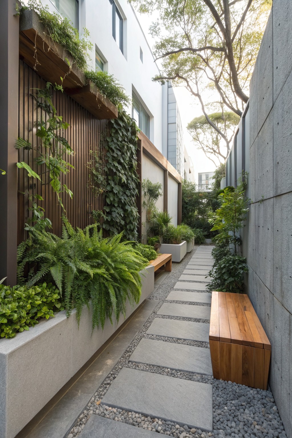 Narrow outdoor stone pathway between tall concrete walls covered in ferns, vines, and plants, with a wooden bench and pebble borders.