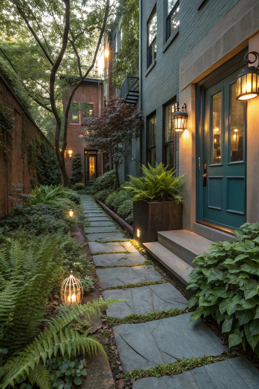 Narrow garden alley with irregular gray stone slab path winding through dense ferns, hostas, and mossy groundcover toward a dark teal door on a green-painted brick building, lit by hanging lanterns and wall sconces.