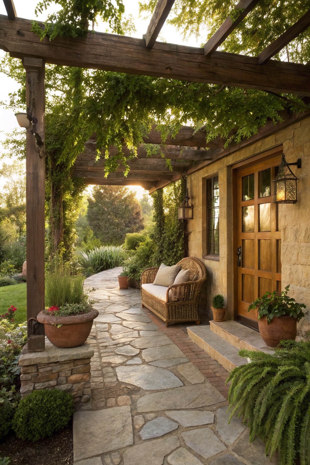 Wooden pergola covered in green vines shades a curving flagstone path leading to a beige stucco house door flanked by a wicker loveseat, lanterns, potted plants, and garden beds.
