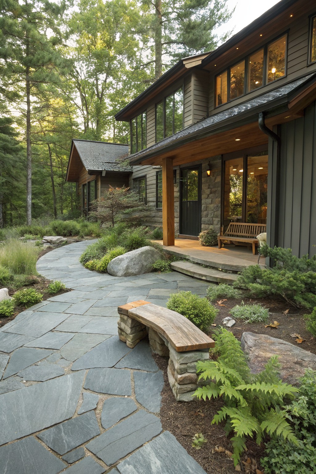 Gray flagstone path curving through a shady garden with boulders, plants, ferns, and a wooden bench, leading to the entry of a wood-sided house surrounded by trees.