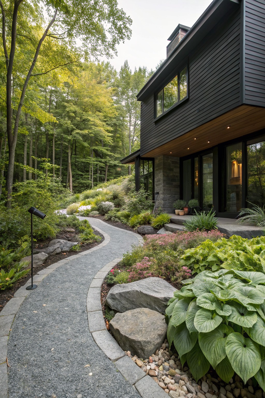 Modern black-shingled house with wood and glass accents in a forested setting, with a curved gravel pathway edged in stone and bordered by boulders, hostas, ferns, and other plants leading to the entry steps.