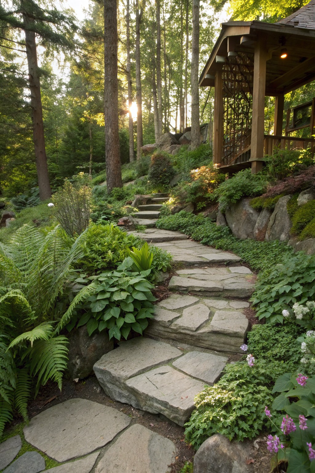 A curving flagstone path ascends through a shady garden with ferns, hostas, moss-covered rocks, and other green plants, leading to a wooden pavilion amid trees.
