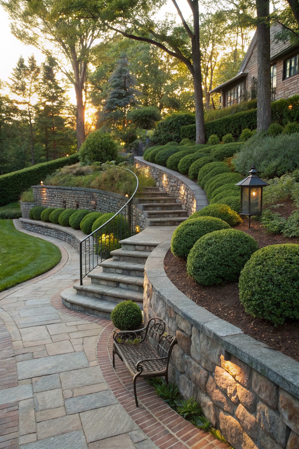 Winding stone staircase with black metal railings and integrated retaining walls ascends a sloped front yard planted with spherical boxwood shrubs and lit by wall-mounted lanterns, beside a lawn and shingle-style house.